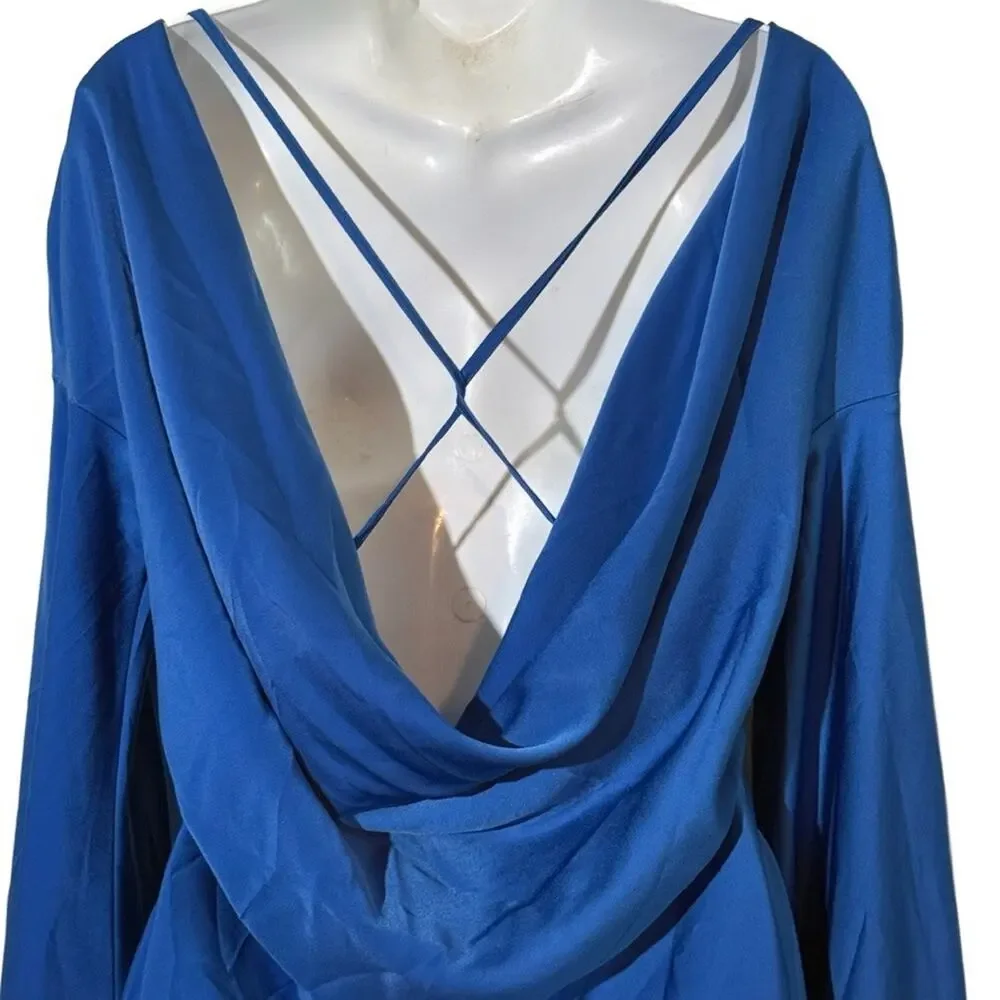 Asos Low Strappy Back Long Flare Sleeve Mini Blue Party cocktail Evening Dress 8